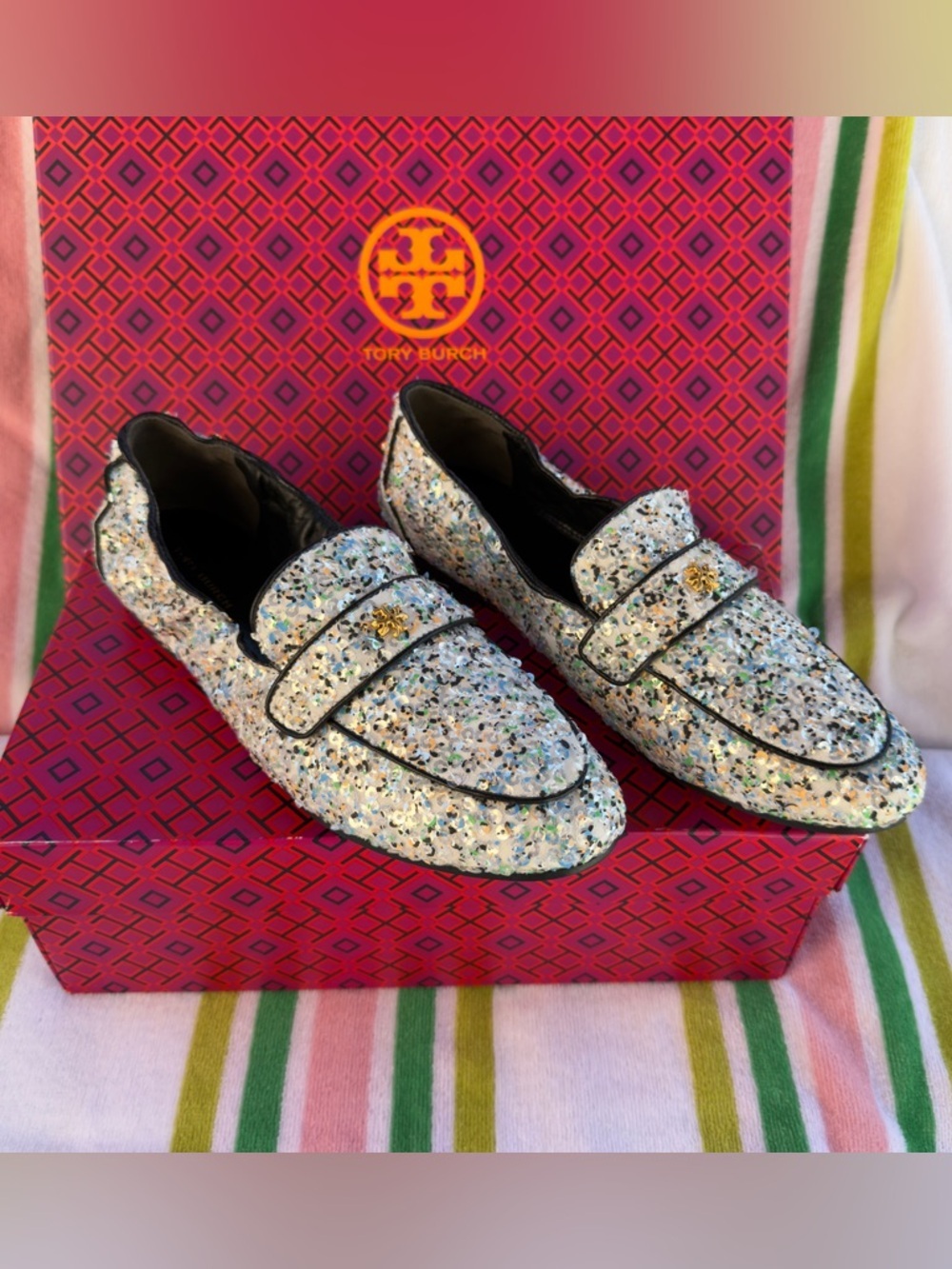 Tory Burch Ballet Mirror Sequin Navy Leather Trim Loafers US 8.5 Box NEW - Picture 3 of 14